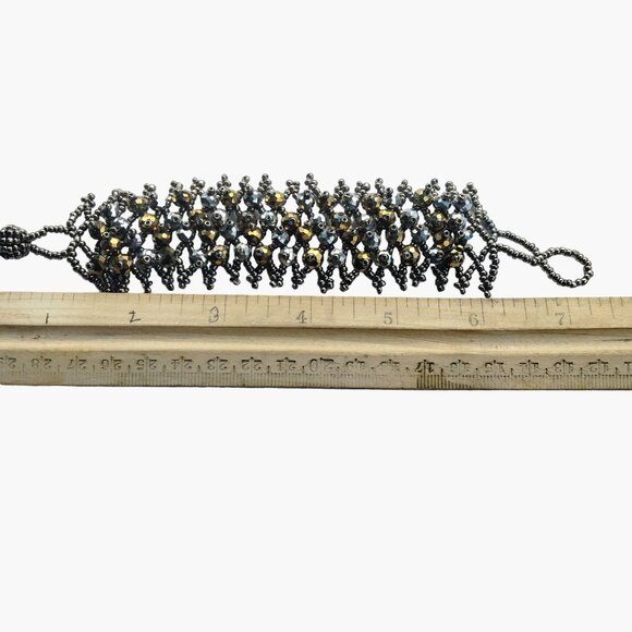 Handmade Beaded Bracelet Metallic Gold Silver Tone Beads - Picture 5 of 7